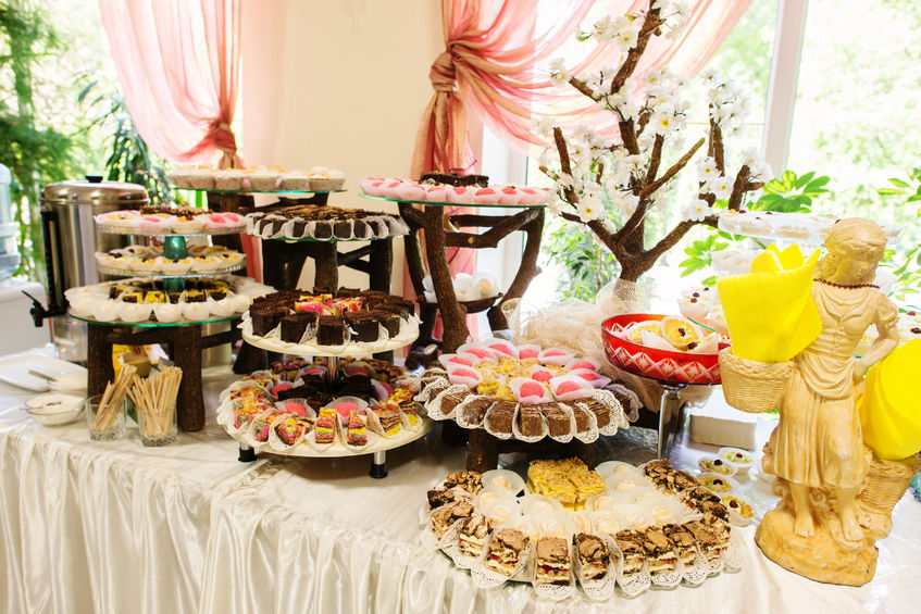 42576482 - wedding reception, decor table of fruits and caces